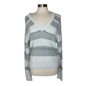 Paige‎ Negin Striped V-Neck Knit Sweater in Marled Gray Stripe Women's Large